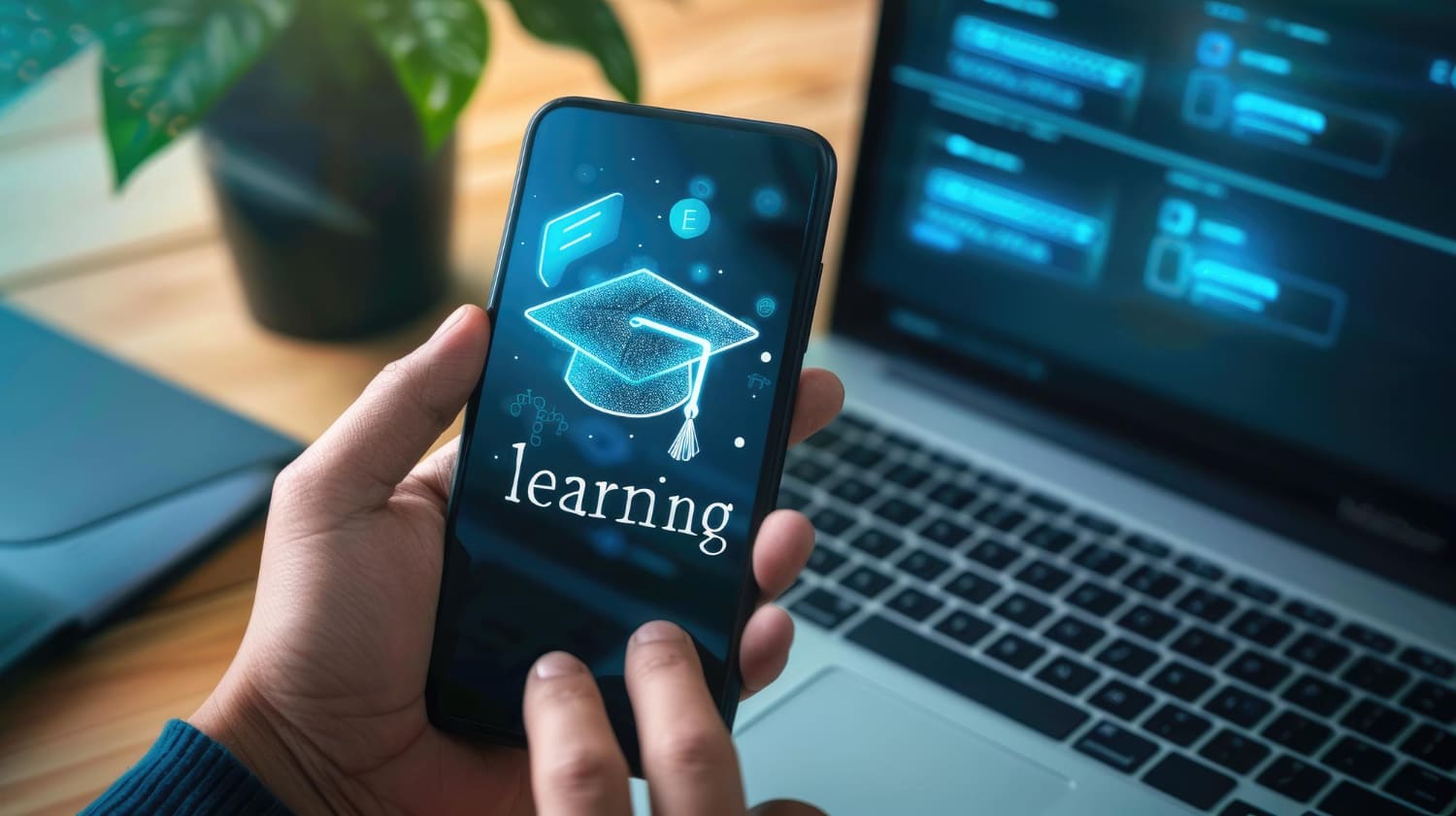 Hand holding a phone showing a learning app, with a laptop in the background