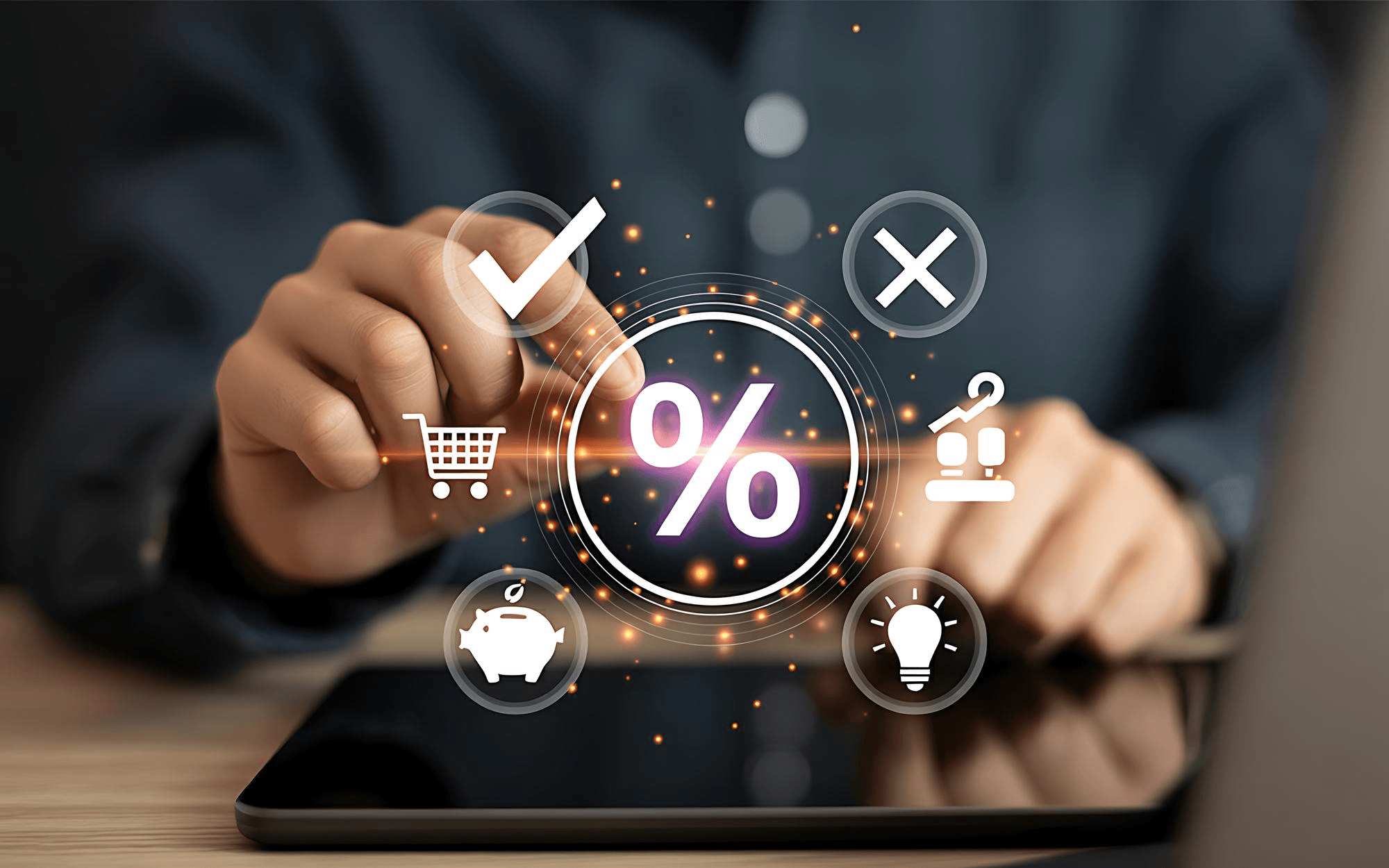 Hand tapping a glowing percentage symbol ringed by shopping, savings and idea icons