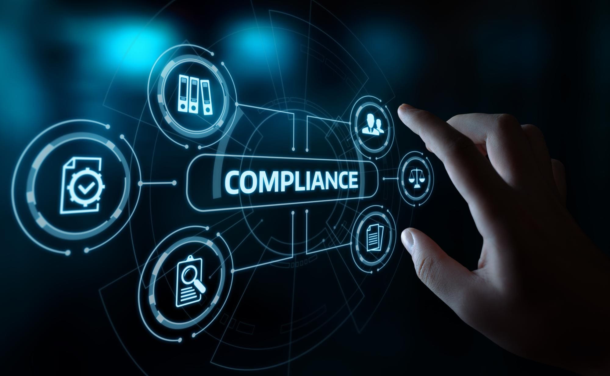 Compliance icons arranged around a glowing digital COMPLIANCE panel