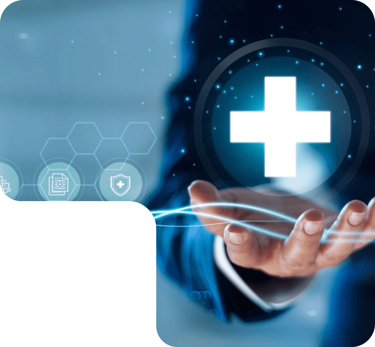 Healthcare professional holding a glowing digital medical cross